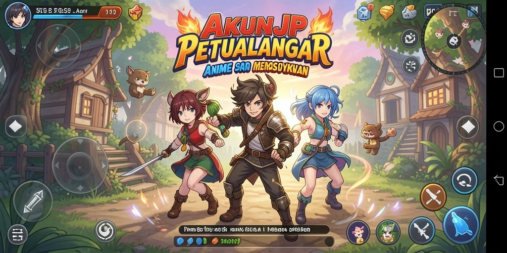 Tampilan gameplay AKUNJP yang menampilkan karakter anime dalam aksi.