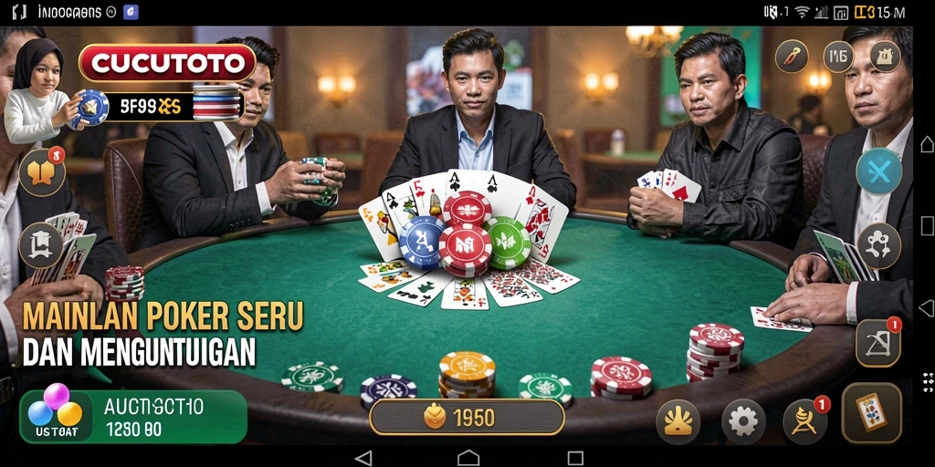 Screenshot gameplay CUCUTOTO menunjukkan meja poker yang ramai dan penuh aksi.