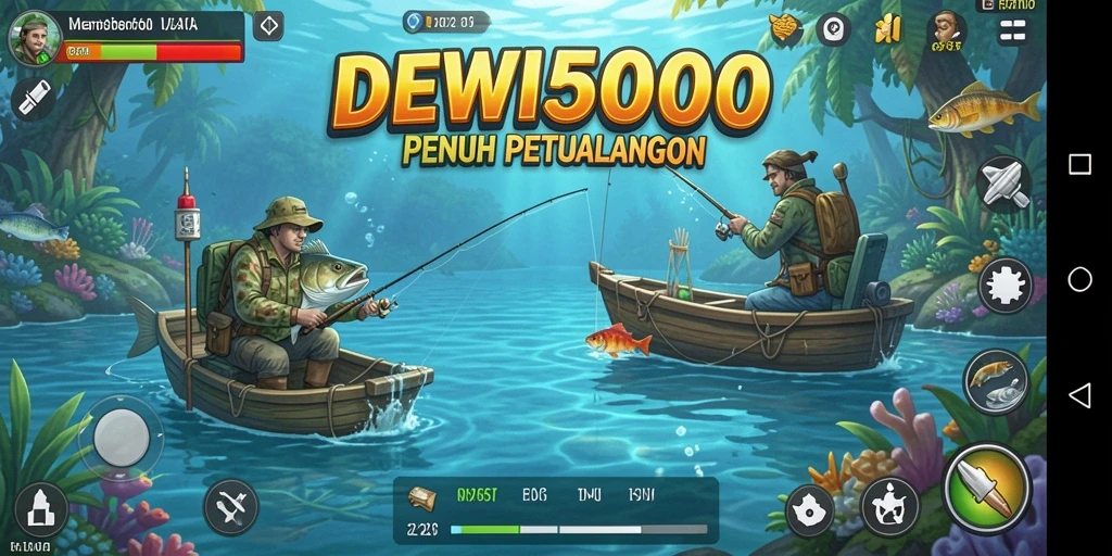 Screenshot gameplay DEWI5000 menampilkan aksi memancing yang menegangkan.