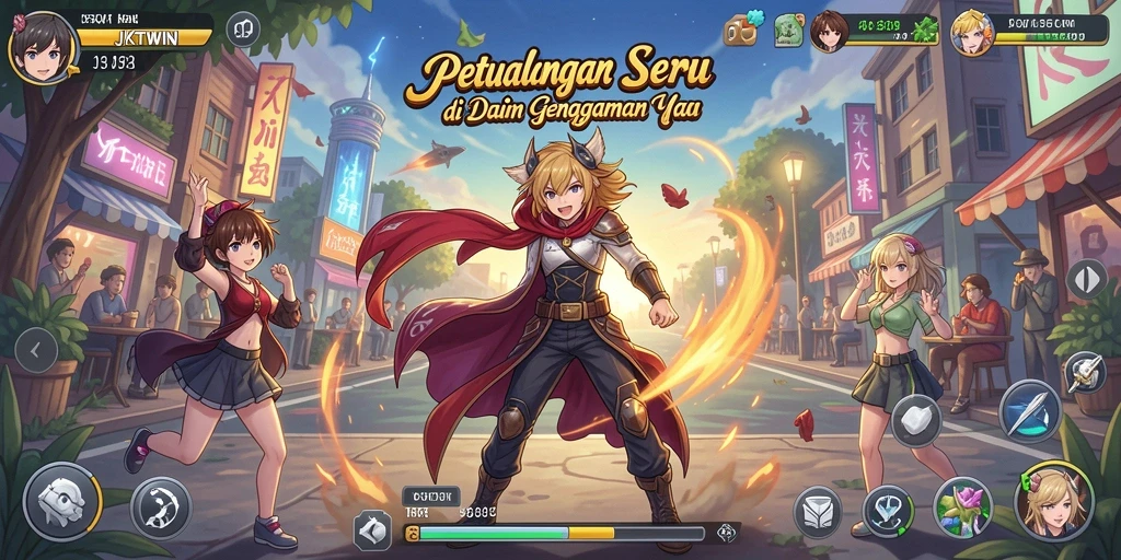 Tampilan gameplay seru JKTWIN dengan karakter anime yang menarik.