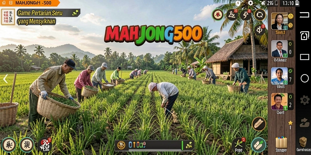 Gameplay MAHJONG500 yang menampilkan aktivitas pertanian seru.
