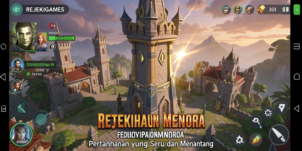 Tampilan gameplay seru REJEKIGAMES dengan menara pertahanan.
