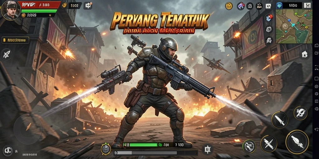 Screenshot menampilkan aksi seru dalam gameplay RPVIP2 dengan senjata modern.