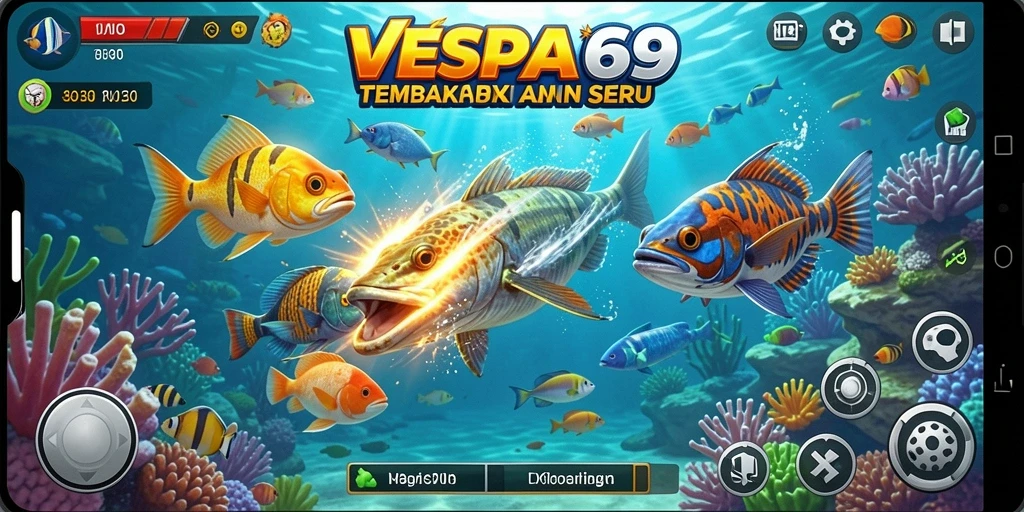 Tampilan gameplay VESPA69 menembak ikan yang seru dan penuh aksi.
